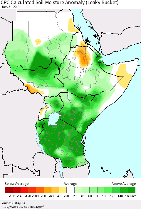 Eastern Africa CPC Calculated Soil Moisture Anomaly (Leaky Bucket) Thematic Map For 12/26/2019 - 12/31/2019