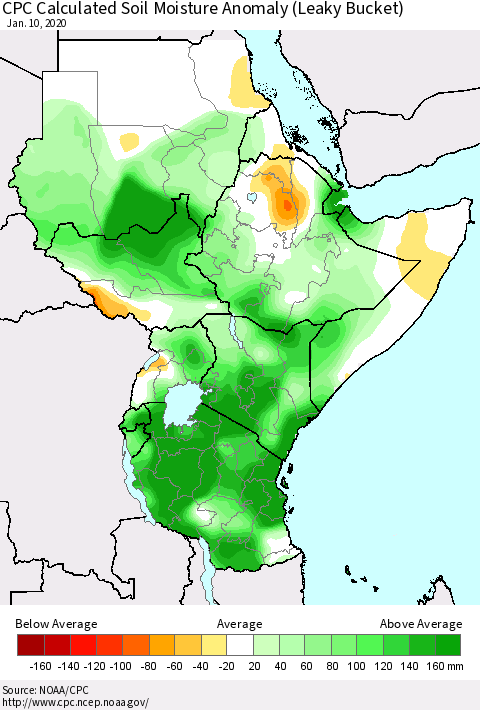 Eastern Africa CPC Calculated Soil Moisture Anomaly (Leaky Bucket) Thematic Map For 1/6/2020 - 1/10/2020