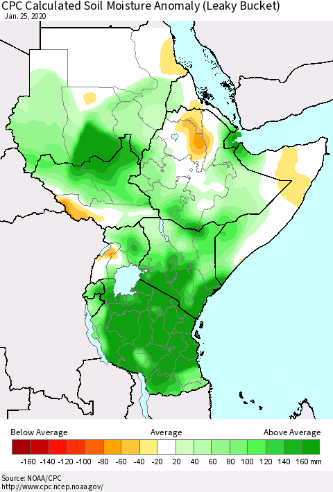 Eastern Africa CPC Calculated Soil Moisture Anomaly (Leaky Bucket) Thematic Map For 1/21/2020 - 1/25/2020