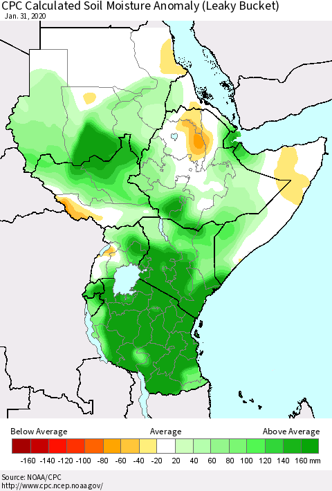 Eastern Africa CPC Calculated Soil Moisture Anomaly (Leaky Bucket) Thematic Map For 1/26/2020 - 1/31/2020