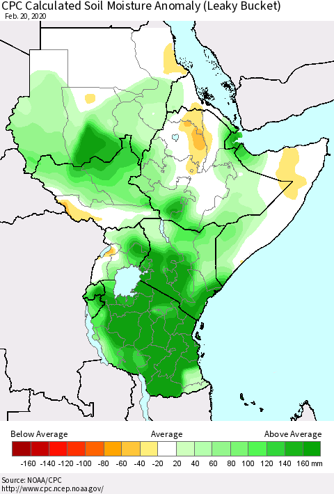 Eastern Africa CPC Calculated Soil Moisture Anomaly (Leaky Bucket) Thematic Map For 2/16/2020 - 2/20/2020