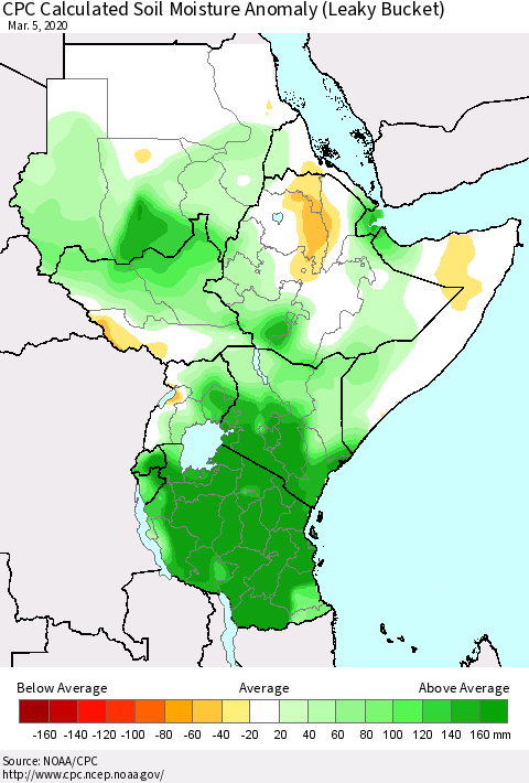Eastern Africa CPC Calculated Soil Moisture Anomaly (Leaky Bucket) Thematic Map For 3/1/2020 - 3/5/2020