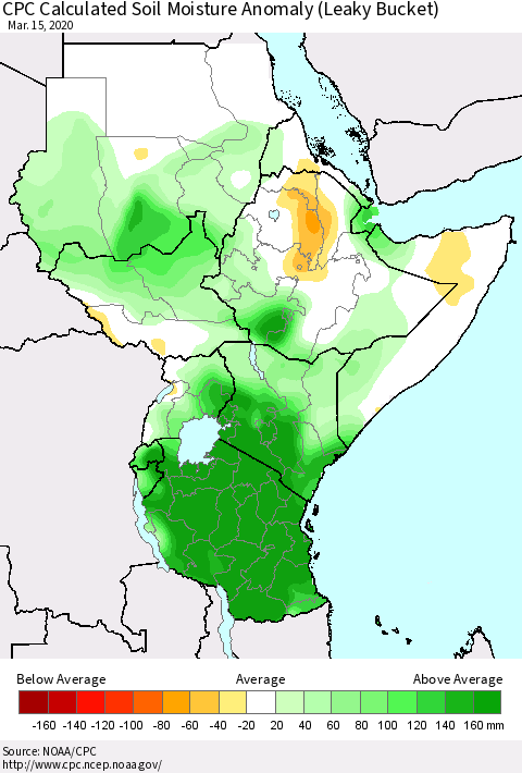 Eastern Africa CPC Calculated Soil Moisture Anomaly (Leaky Bucket) Thematic Map For 3/11/2020 - 3/15/2020
