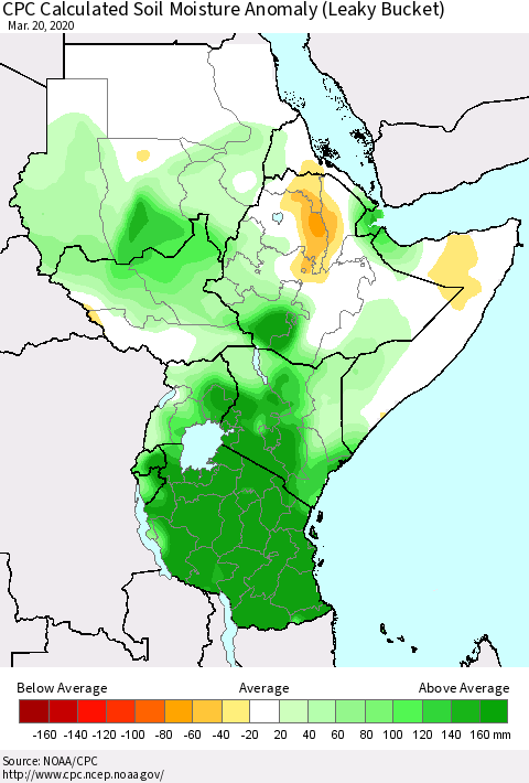 Eastern Africa CPC Soil Moisture Departure from Normal (Leaky Bucket) Thematic Map For 3/16/2020 - 3/20/2020