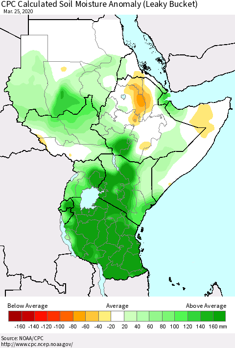Eastern Africa CPC Soil Moisture Departure from Normal (Leaky Bucket) Thematic Map For 3/21/2020 - 3/25/2020