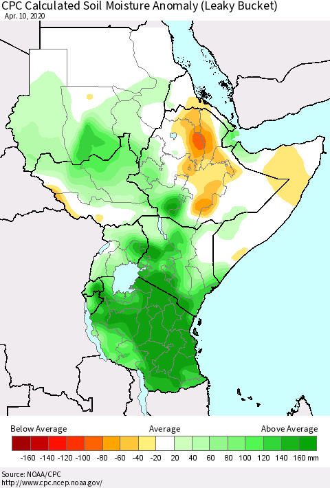 Eastern Africa CPC Calculated Soil Moisture Anomaly (Leaky Bucket) Thematic Map For 4/6/2020 - 4/10/2020