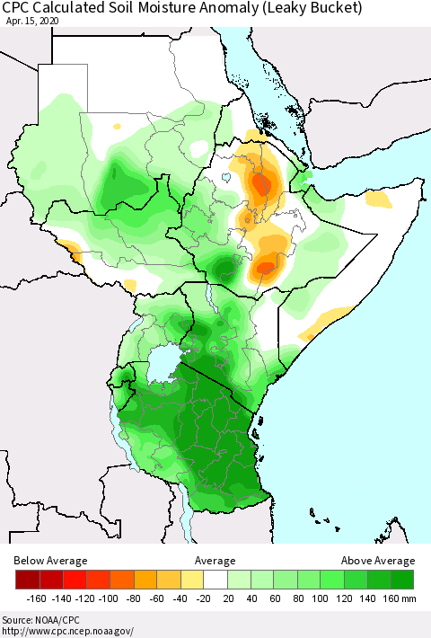 Eastern Africa CPC Soil Moisture Departure from Normal (Leaky Bucket) Thematic Map For 4/11/2020 - 4/15/2020