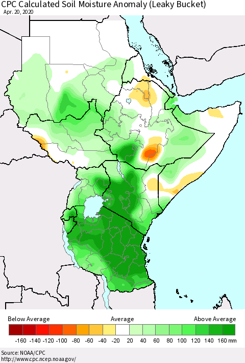 Eastern Africa CPC Calculated Soil Moisture Anomaly (Leaky Bucket) Thematic Map For 4/16/2020 - 4/20/2020