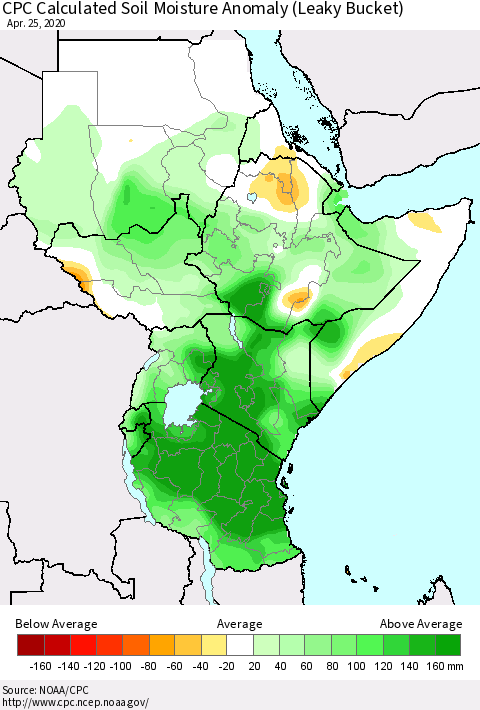 Eastern Africa CPC Calculated Soil Moisture Anomaly (Leaky Bucket) Thematic Map For 4/21/2020 - 4/25/2020