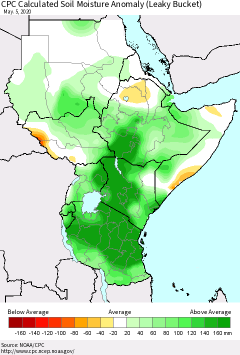 Eastern Africa CPC Soil Moisture Departure from Normal (Leaky Bucket) Thematic Map For 5/1/2020 - 5/5/2020