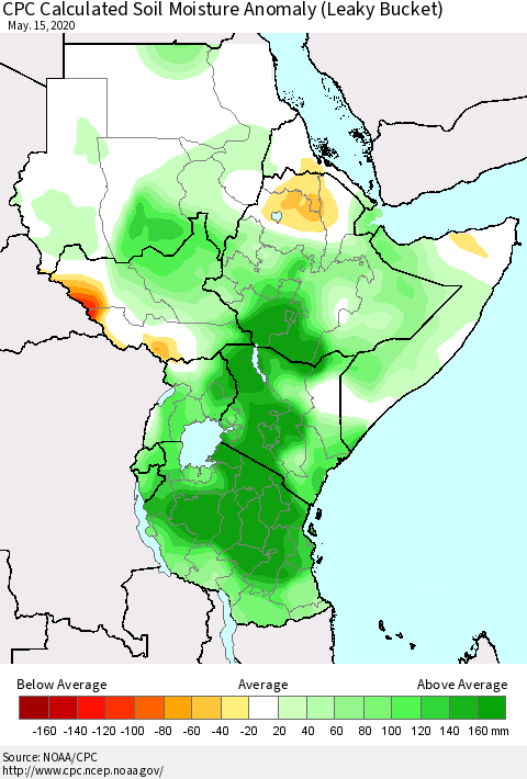 Eastern Africa CPC Calculated Soil Moisture Anomaly (Leaky Bucket) Thematic Map For 5/11/2020 - 5/15/2020