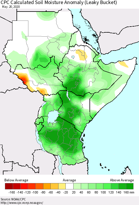 Eastern Africa CPC Calculated Soil Moisture Anomaly (Leaky Bucket) Thematic Map For 5/16/2020 - 5/20/2020