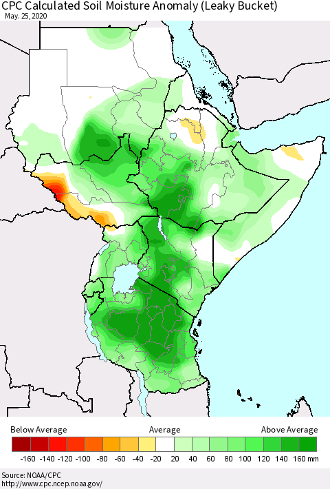 Eastern Africa CPC Calculated Soil Moisture Anomaly (Leaky Bucket) Thematic Map For 5/21/2020 - 5/25/2020