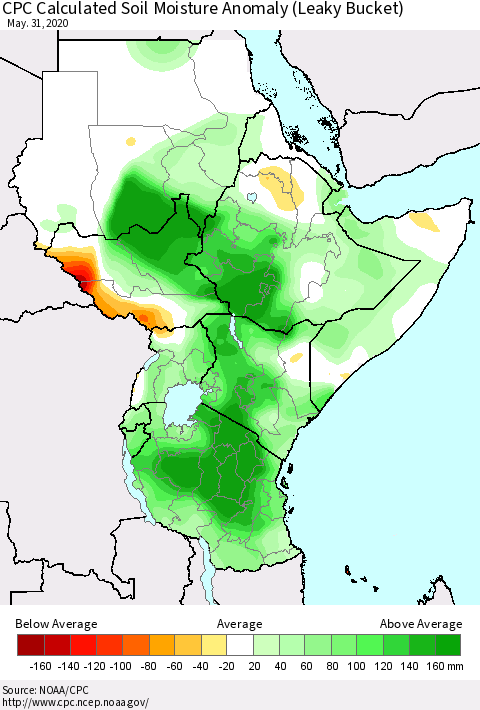 Eastern Africa CPC Calculated Soil Moisture Anomaly (Leaky Bucket) Thematic Map For 5/26/2020 - 5/31/2020
