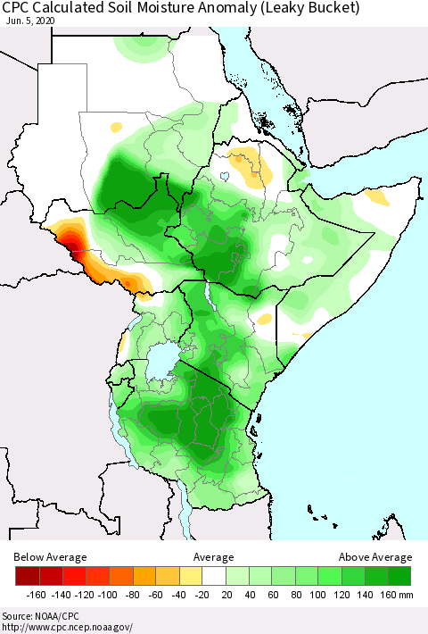 Eastern Africa CPC Calculated Soil Moisture Anomaly (Leaky Bucket) Thematic Map For 6/1/2020 - 6/5/2020