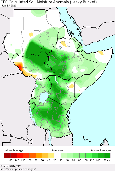 Eastern Africa CPC Calculated Soil Moisture Anomaly (Leaky Bucket) Thematic Map For 6/11/2020 - 6/15/2020