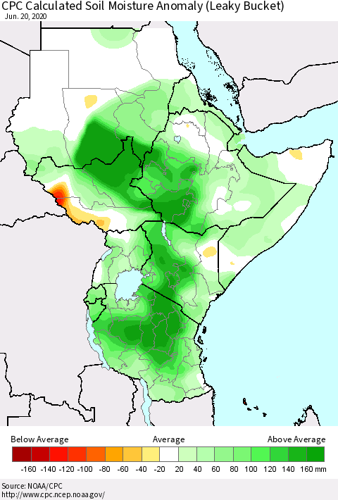 Eastern Africa CPC Calculated Soil Moisture Anomaly (Leaky Bucket) Thematic Map For 6/16/2020 - 6/20/2020