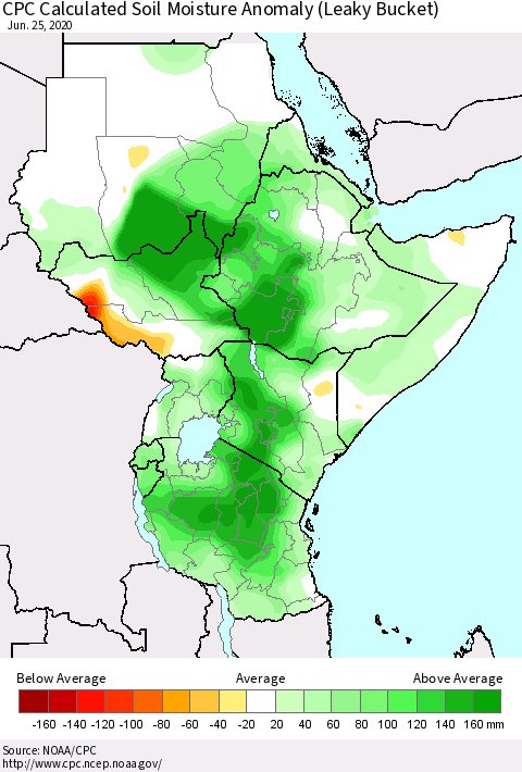 Eastern Africa CPC Calculated Soil Moisture Anomaly (Leaky Bucket) Thematic Map For 6/21/2020 - 6/25/2020