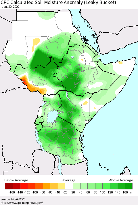 Eastern Africa CPC Calculated Soil Moisture Anomaly (Leaky Bucket) Thematic Map For 6/26/2020 - 6/30/2020