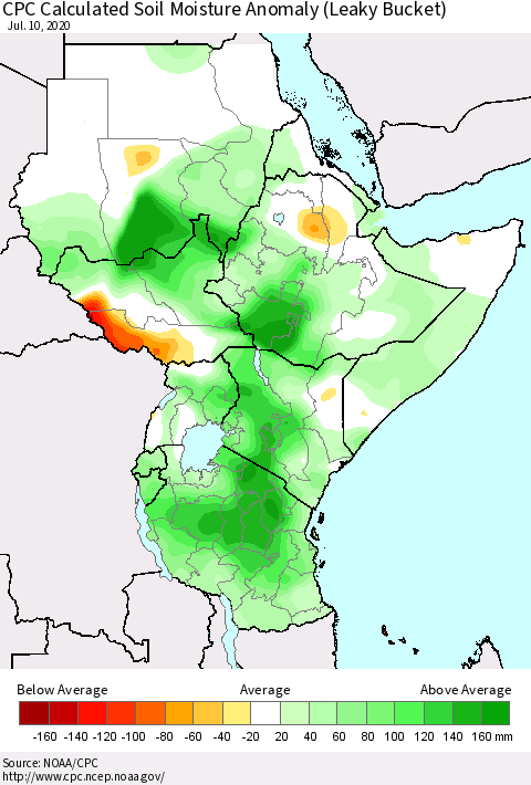 Eastern Africa CPC Calculated Soil Moisture Anomaly (Leaky Bucket) Thematic Map For 7/6/2020 - 7/10/2020