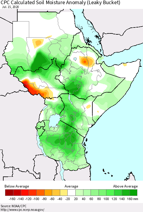 Eastern Africa CPC Calculated Soil Moisture Anomaly (Leaky Bucket) Thematic Map For 7/11/2020 - 7/15/2020