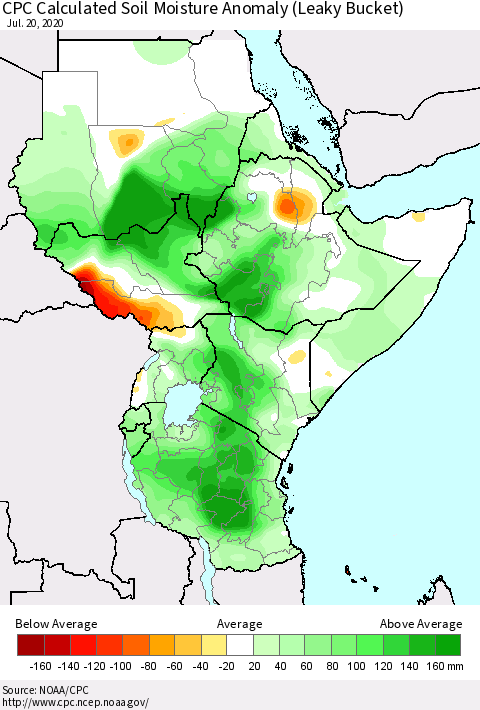 Eastern Africa CPC Calculated Soil Moisture Anomaly (Leaky Bucket) Thematic Map For 7/16/2020 - 7/20/2020