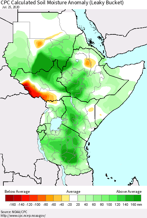 Eastern Africa CPC Calculated Soil Moisture Anomaly (Leaky Bucket) Thematic Map For 7/21/2020 - 7/25/2020