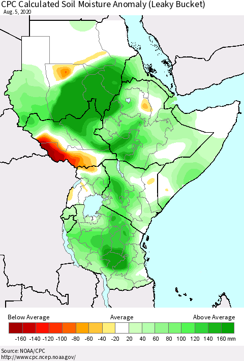 Eastern Africa CPC Soil Moisture Departure from Normal (Leaky Bucket) Thematic Map For 8/1/2020 - 8/5/2020