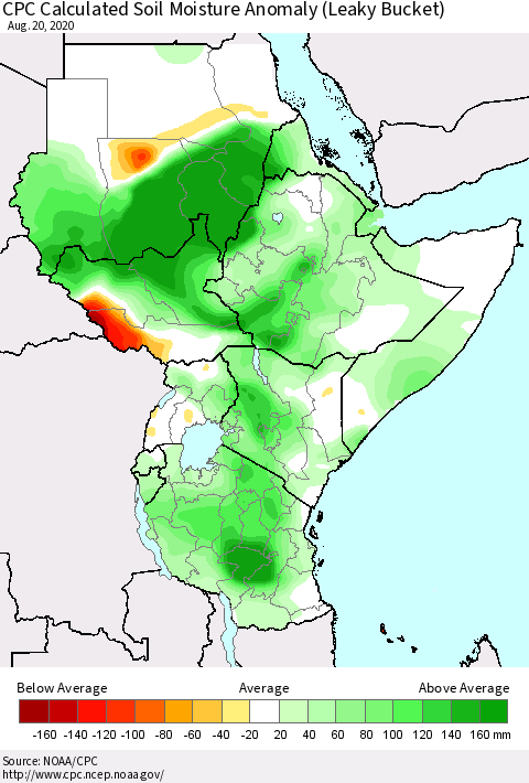 Eastern Africa CPC Calculated Soil Moisture Anomaly (Leaky Bucket) Thematic Map For 8/16/2020 - 8/20/2020