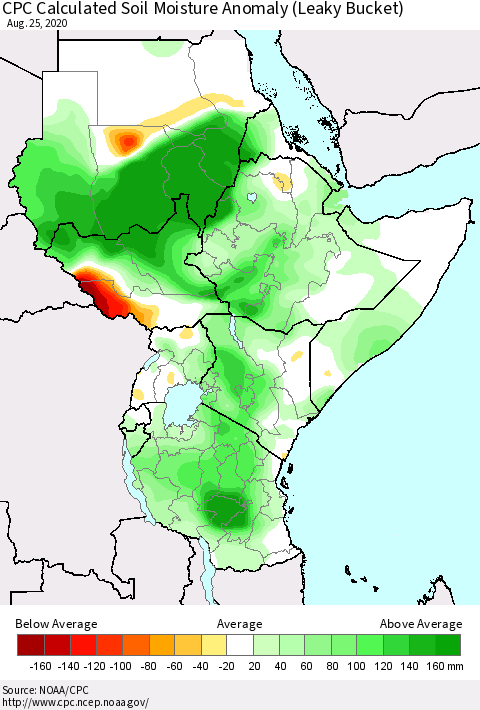 Eastern Africa CPC Calculated Soil Moisture Anomaly (Leaky Bucket) Thematic Map For 8/21/2020 - 8/25/2020
