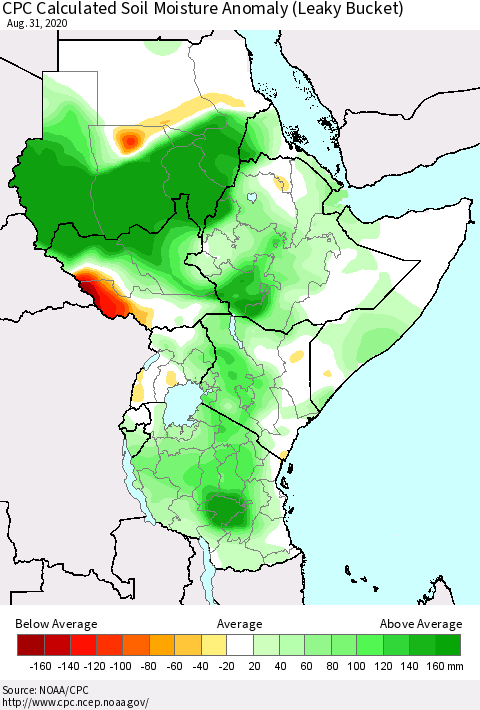 Eastern Africa CPC Calculated Soil Moisture Anomaly (Leaky Bucket) Thematic Map For 8/26/2020 - 8/31/2020