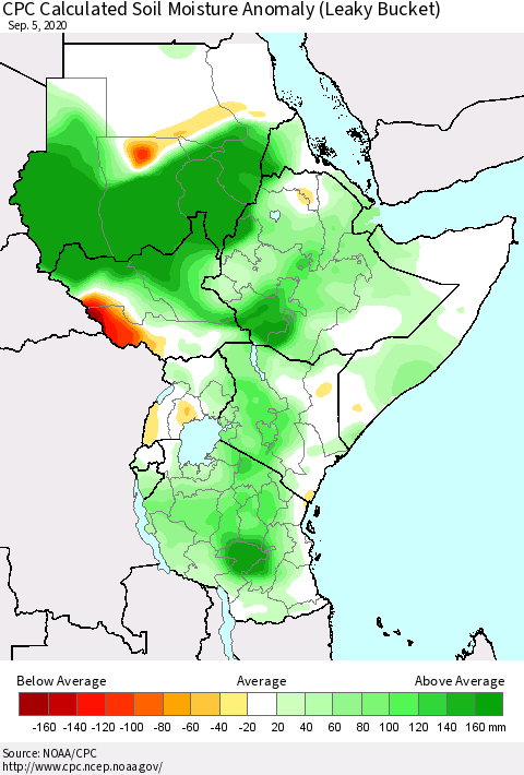 Eastern Africa CPC Calculated Soil Moisture Anomaly (Leaky Bucket) Thematic Map For 9/1/2020 - 9/5/2020