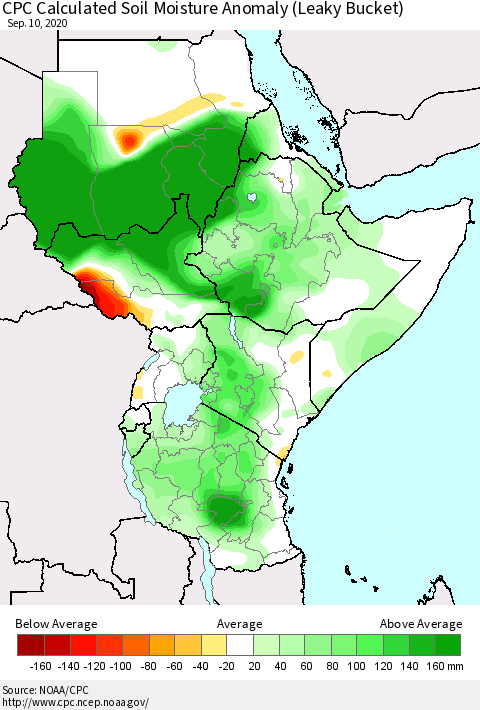 Eastern Africa CPC Calculated Soil Moisture Anomaly (Leaky Bucket) Thematic Map For 9/6/2020 - 9/10/2020