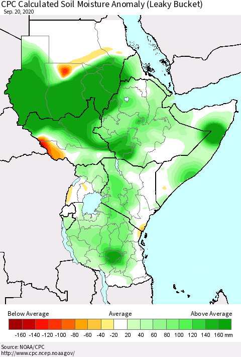 Eastern Africa CPC Calculated Soil Moisture Anomaly (Leaky Bucket) Thematic Map For 9/16/2020 - 9/20/2020