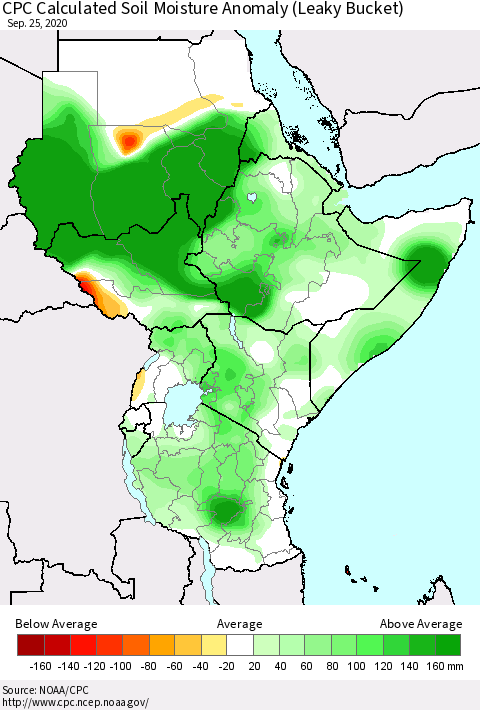 Eastern Africa CPC Calculated Soil Moisture Anomaly (Leaky Bucket) Thematic Map For 9/21/2020 - 9/25/2020