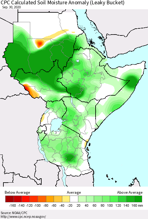Eastern Africa CPC Soil Moisture Departure from Normal (Leaky Bucket) Thematic Map For 9/26/2020 - 9/30/2020