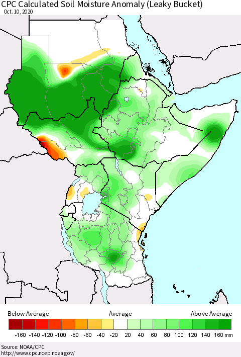 Eastern Africa CPC Calculated Soil Moisture Anomaly (Leaky Bucket) Thematic Map For 10/6/2020 - 10/10/2020