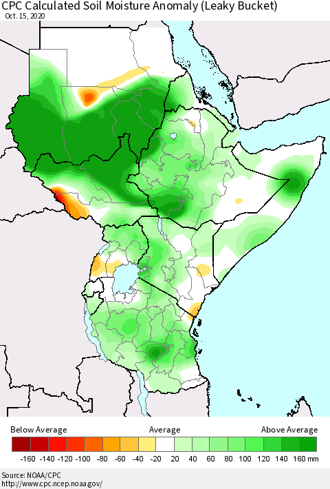 Eastern Africa CPC Calculated Soil Moisture Anomaly (Leaky Bucket) Thematic Map For 10/11/2020 - 10/15/2020