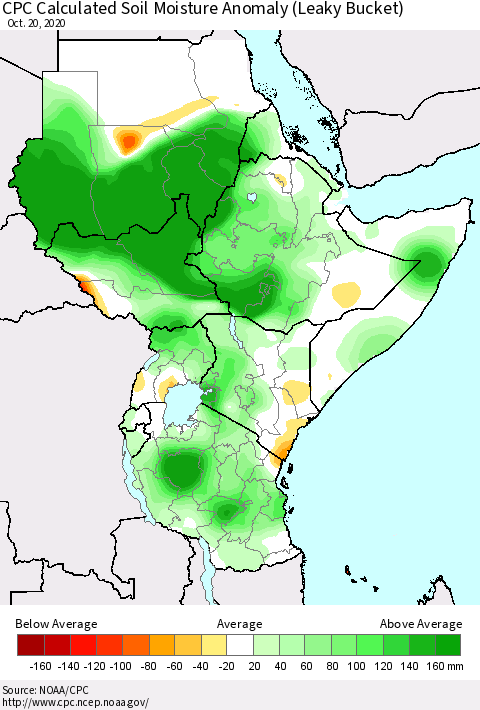 Eastern Africa CPC Calculated Soil Moisture Anomaly (Leaky Bucket) Thematic Map For 10/16/2020 - 10/20/2020