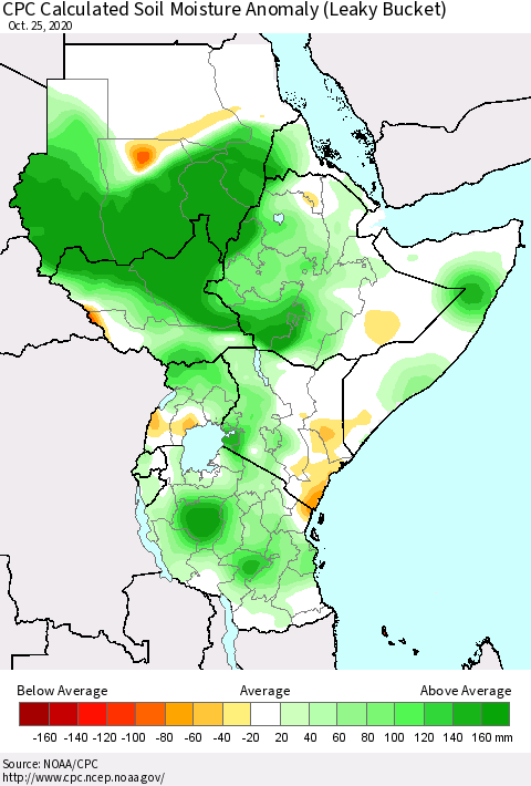 Eastern Africa CPC Calculated Soil Moisture Anomaly (Leaky Bucket) Thematic Map For 10/21/2020 - 10/25/2020