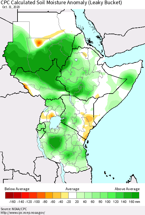 Eastern Africa CPC Soil Moisture Departure from Normal (Leaky Bucket) Thematic Map For 10/26/2020 - 10/31/2020