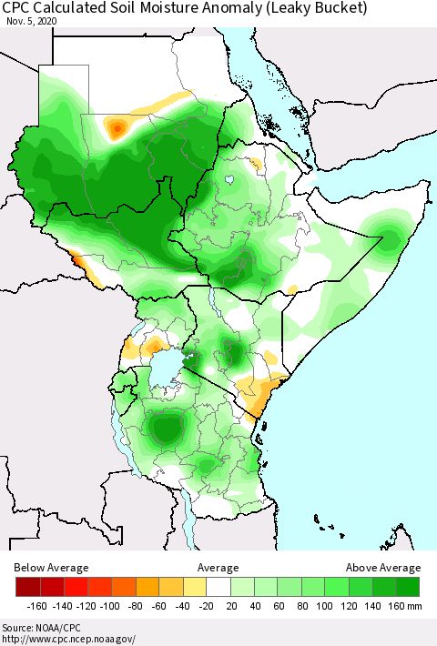 Eastern Africa CPC Soil Moisture Departure from Normal (Leaky Bucket) Thematic Map For 11/1/2020 - 11/5/2020