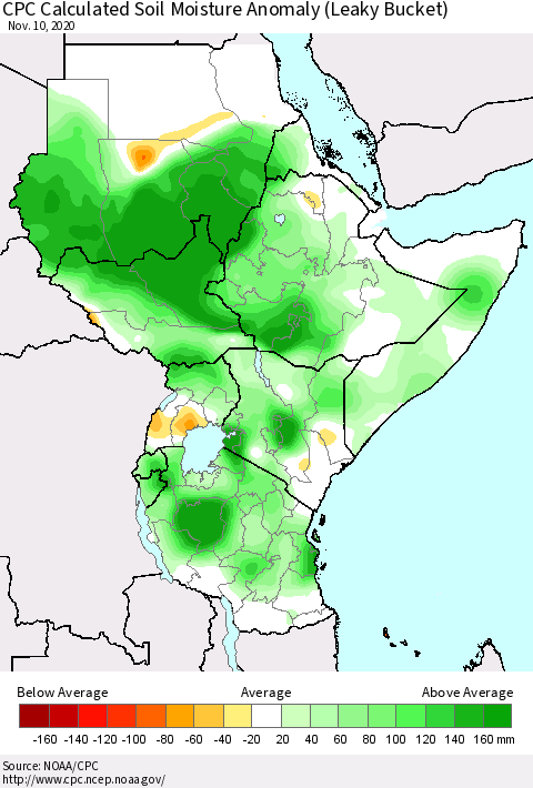 Eastern Africa CPC Soil Moisture Departure from Normal (Leaky Bucket) Thematic Map For 11/6/2020 - 11/10/2020