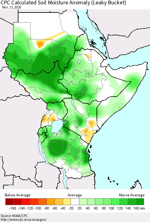 Eastern Africa CPC Calculated Soil Moisture Anomaly (Leaky Bucket) Thematic Map For 11/11/2020 - 11/15/2020