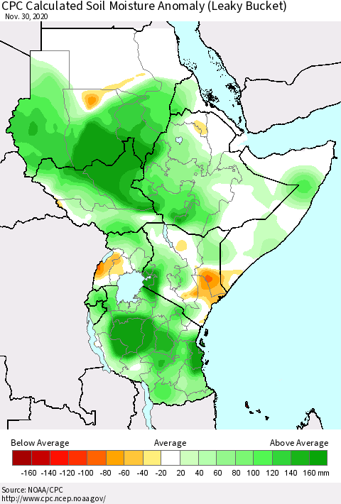 Eastern Africa CPC Calculated Soil Moisture Anomaly (Leaky Bucket) Thematic Map For 11/26/2020 - 11/30/2020