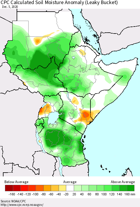 Eastern Africa CPC Soil Moisture Departure from Normal (Leaky Bucket) Thematic Map For 12/1/2020 - 12/5/2020