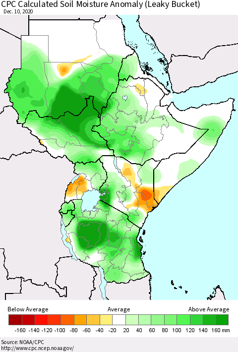 Eastern Africa CPC Soil Moisture Departure from Normal (Leaky Bucket) Thematic Map For 12/6/2020 - 12/10/2020