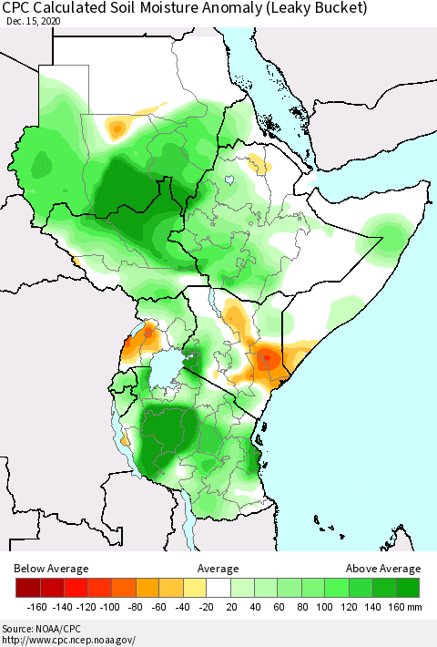 Eastern Africa CPC Calculated Soil Moisture Anomaly (Leaky Bucket) Thematic Map For 12/11/2020 - 12/15/2020