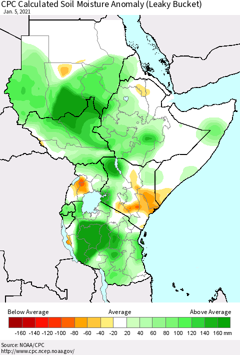 Eastern Africa CPC Soil Moisture Departure from Normal (Leaky Bucket) Thematic Map For 1/1/2021 - 1/5/2021
