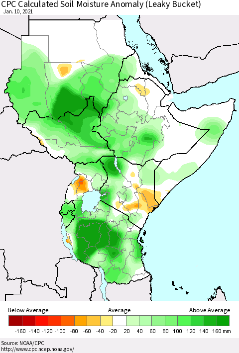 Eastern Africa CPC Soil Moisture Departure from Normal (Leaky Bucket) Thematic Map For 1/6/2021 - 1/10/2021